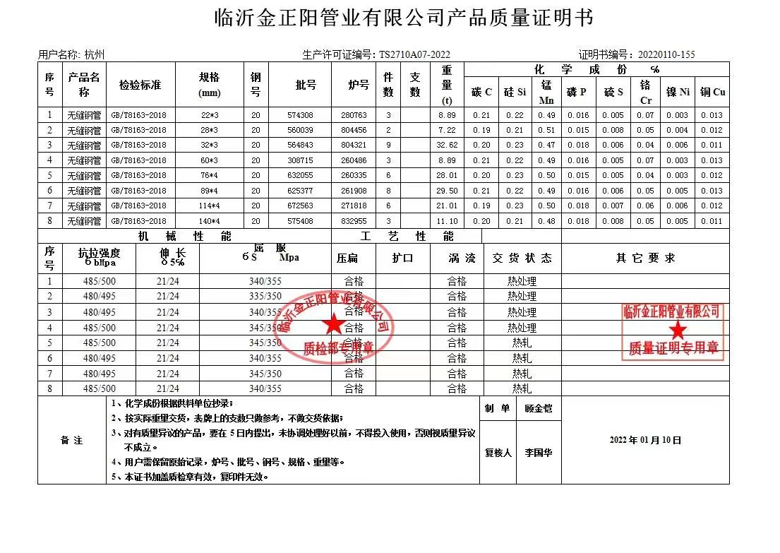 钢材质量证明书